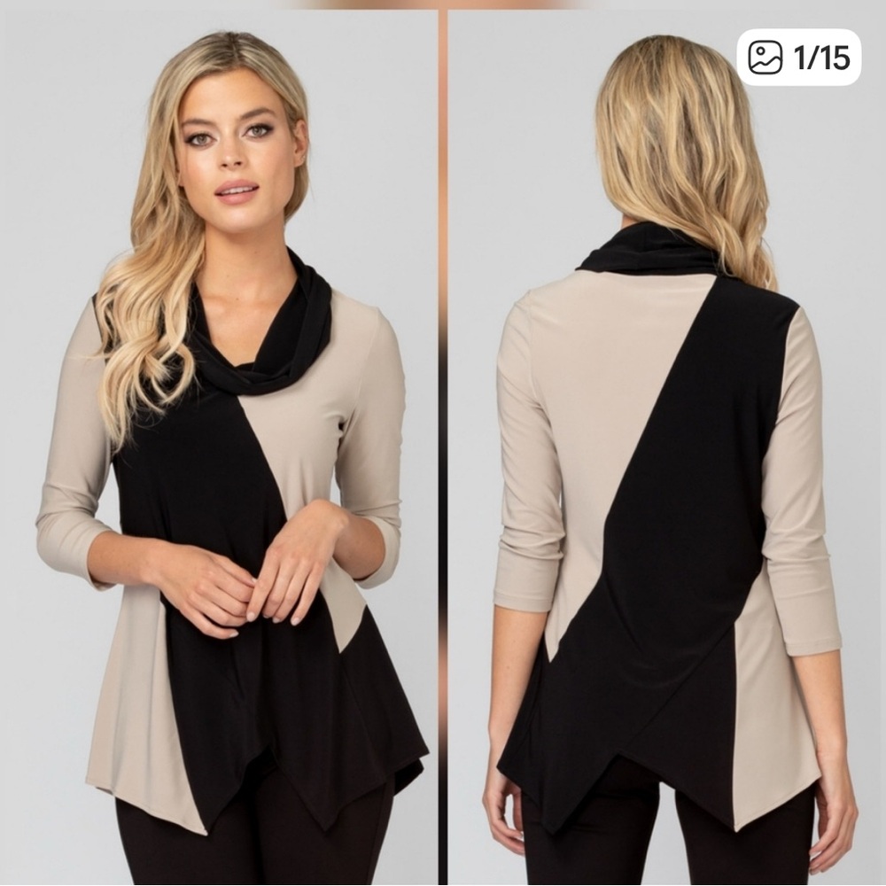 Joseph Ribkoff Black and Tan Cowl Neck tunic Size 10